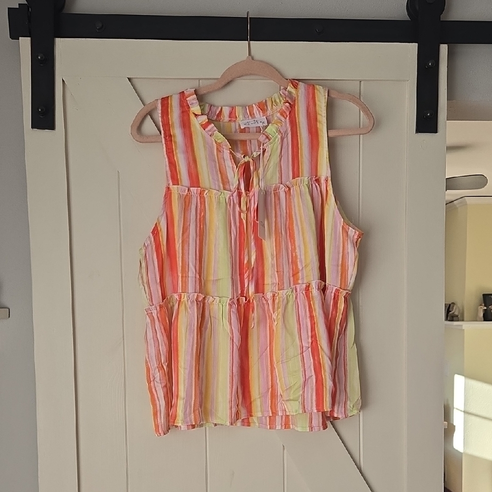 Sleeveless Striped Ruffle-Tie Tank Top in Pink/Yellow/Orange
